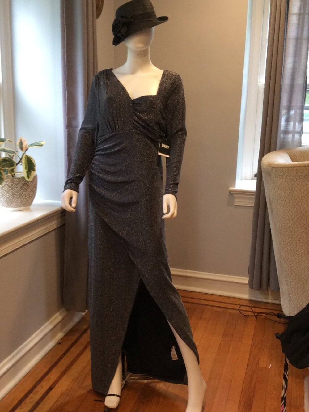 DKNY Metallic Ruched Evening Dress Long Sleeve Shimmer Cocktail Dress
